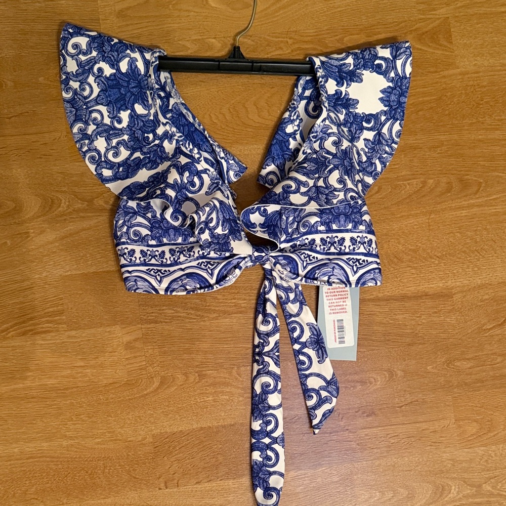 Antonio Melani Blue and White Floral Ruffle Bikini Top